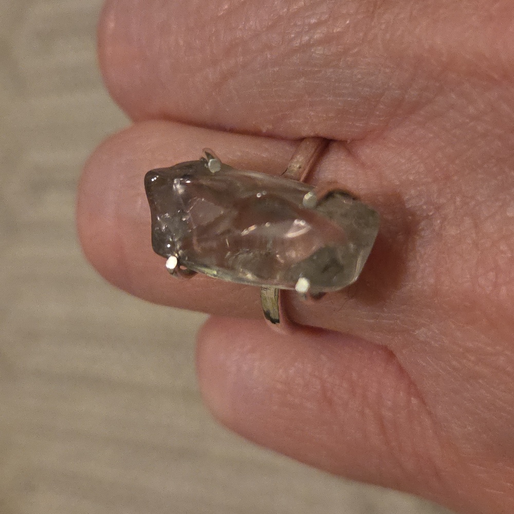 Artisan crafted rough cut Montezuma Prasiolite ring in sterling silver, size 8.